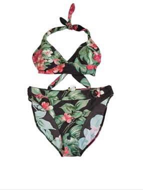 Betsey Johnson Black Floral Halter Bikini with Pink & Green Print